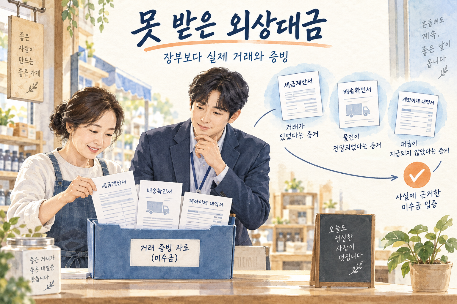 세금계산서와 입금내역, 거래처 채무확인서를 연결해 못 받은 외상대금 잔액을 확인하는 부드러운 그림