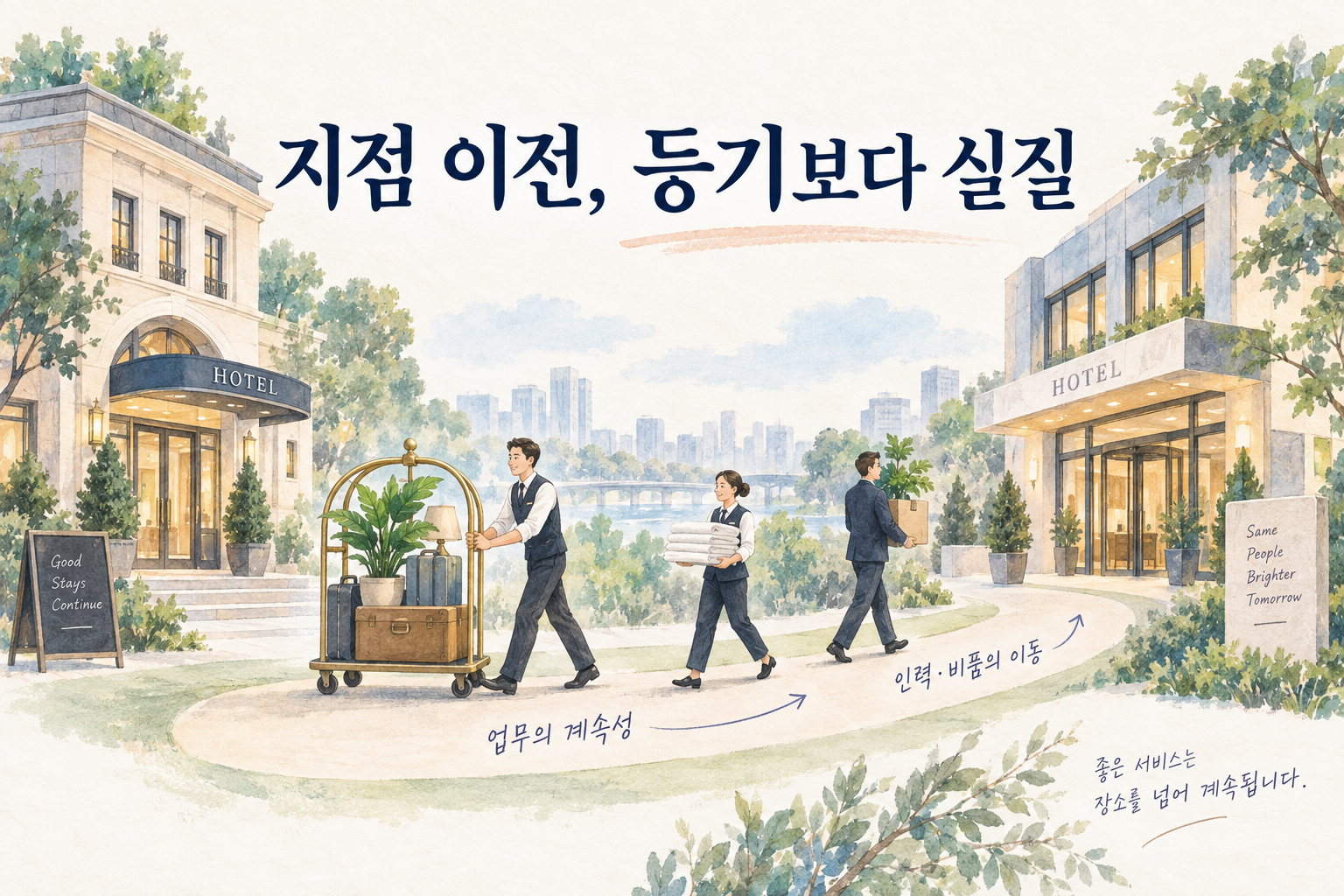 기존 호텔의 직원과 비품이 새 호텔로 옮겨가며 업무의 계속성을 보여 주는 부드러운 일러스트