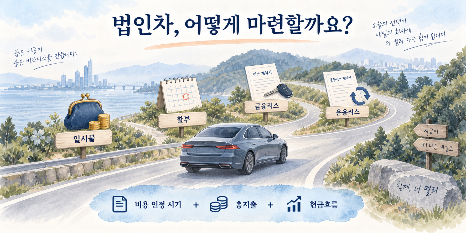 같은 법인 차량을 일시불·할부·금융리스·운용리스로 이용할 때 초기 자금과 매달 납입액, 만기 인수 조건을 비교하는 부드러운 그림