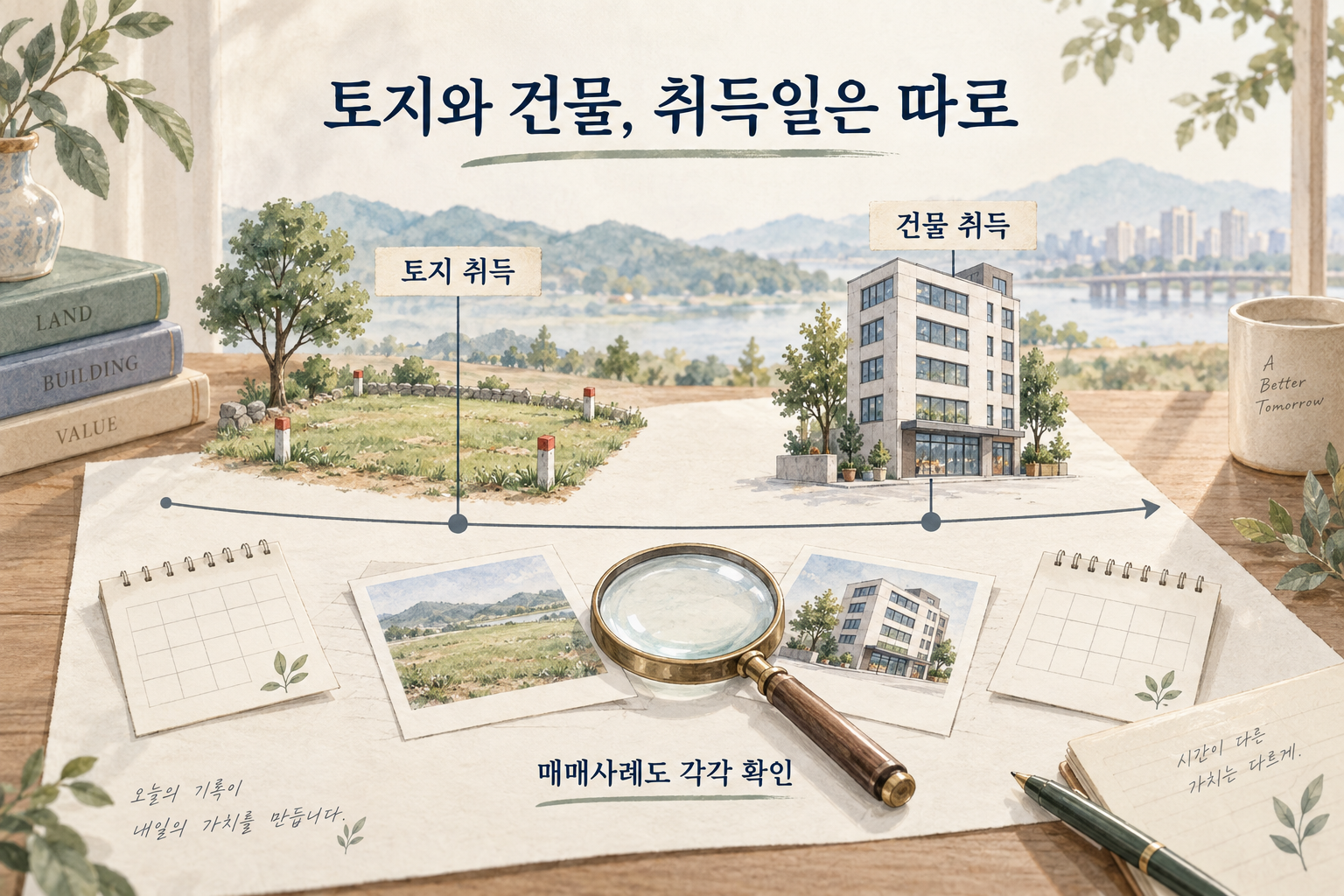 토지와 신축 건물의 취득시기를 다른 달력과 시간선으로 살펴보는 부드러운 일러스트