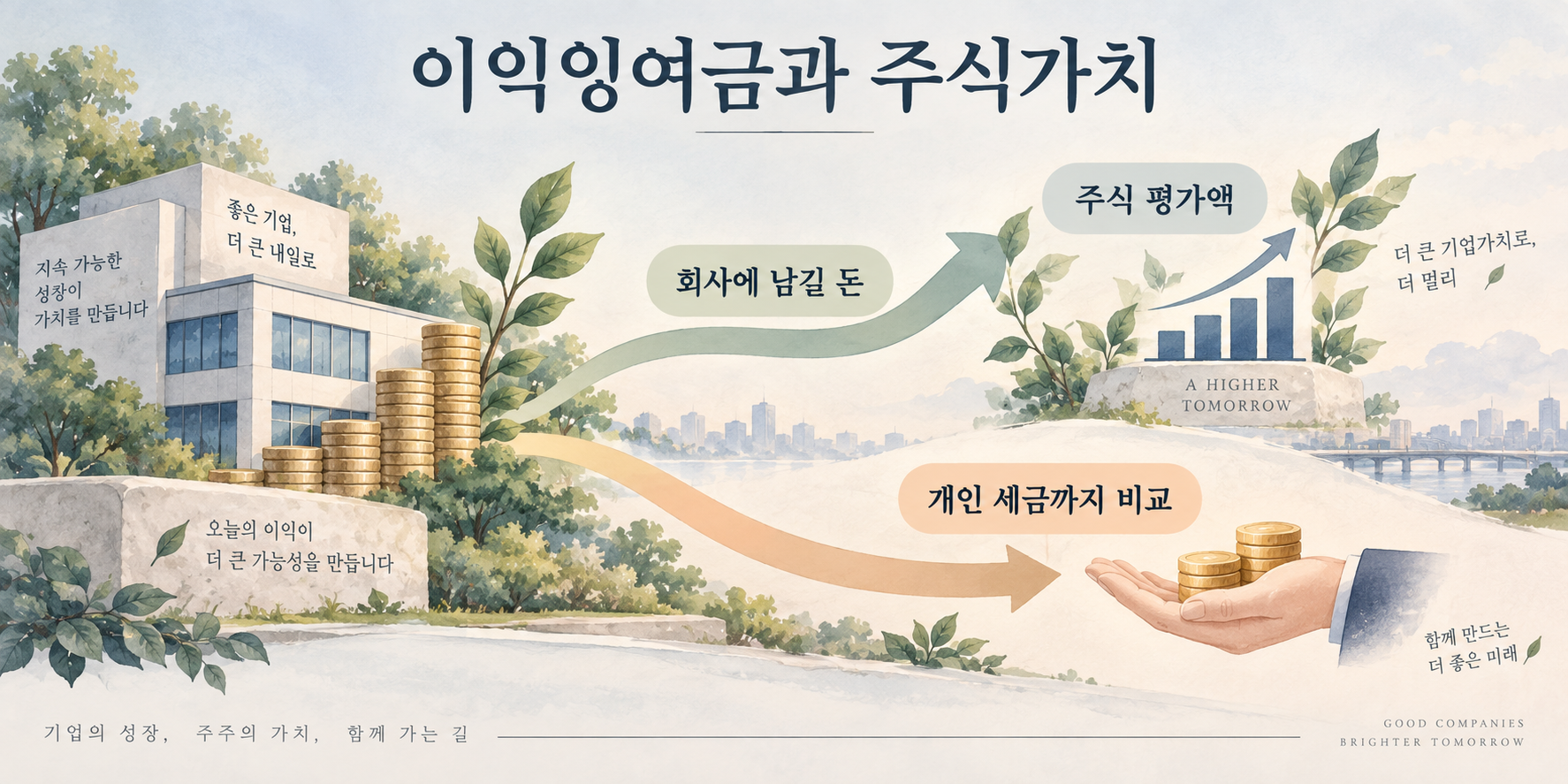 회사에 남길 자금과 주식 평가액, 주주 개인의 세금까지 함께 비교하는 이익잉여금 그림