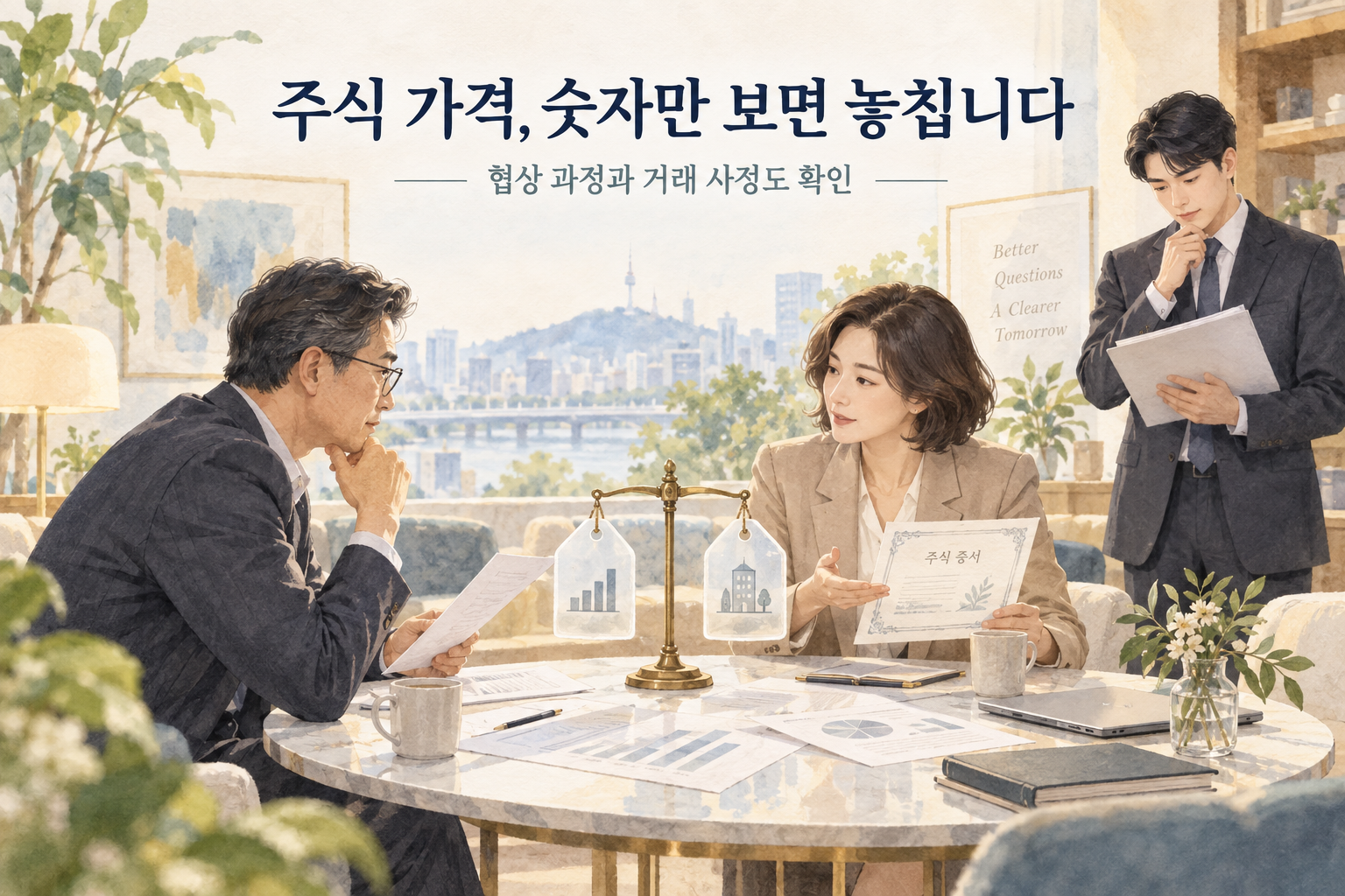 서로 다른 가격을 제안한 매도인과 매수인이 가치 자료와 협상 기록을 살펴 합의하는 과정을 담은 그림