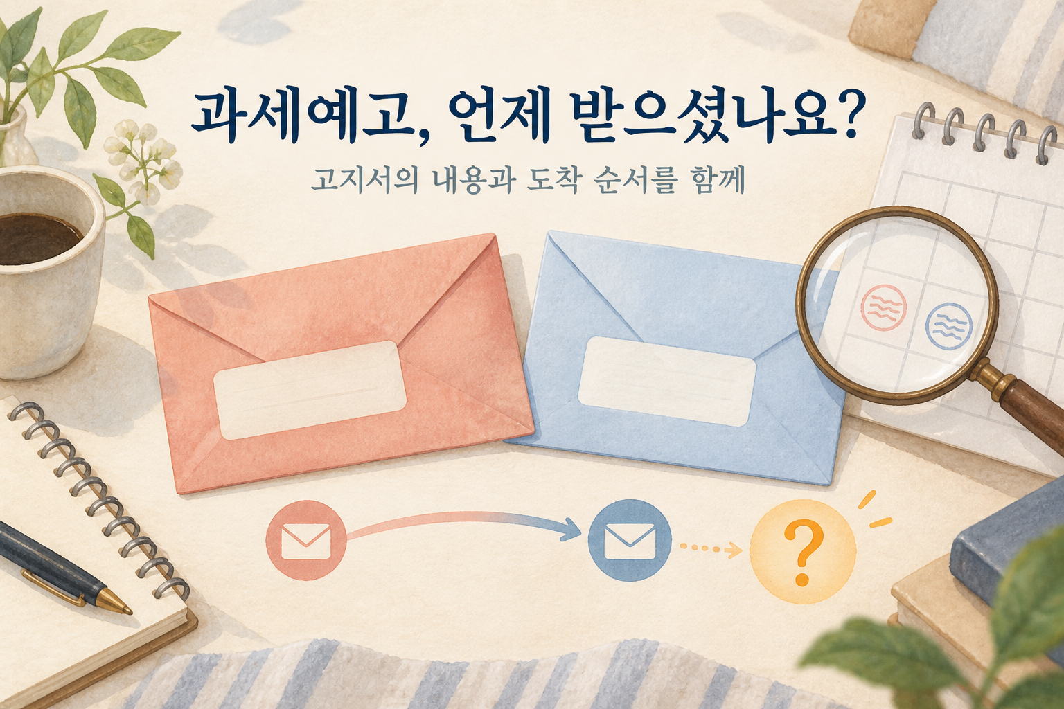 과세예고통지서와 세금 고지서 두 봉투, 달력과 수령 기록을 대조하며 사전 권리구제 시간을 확인하는 그림