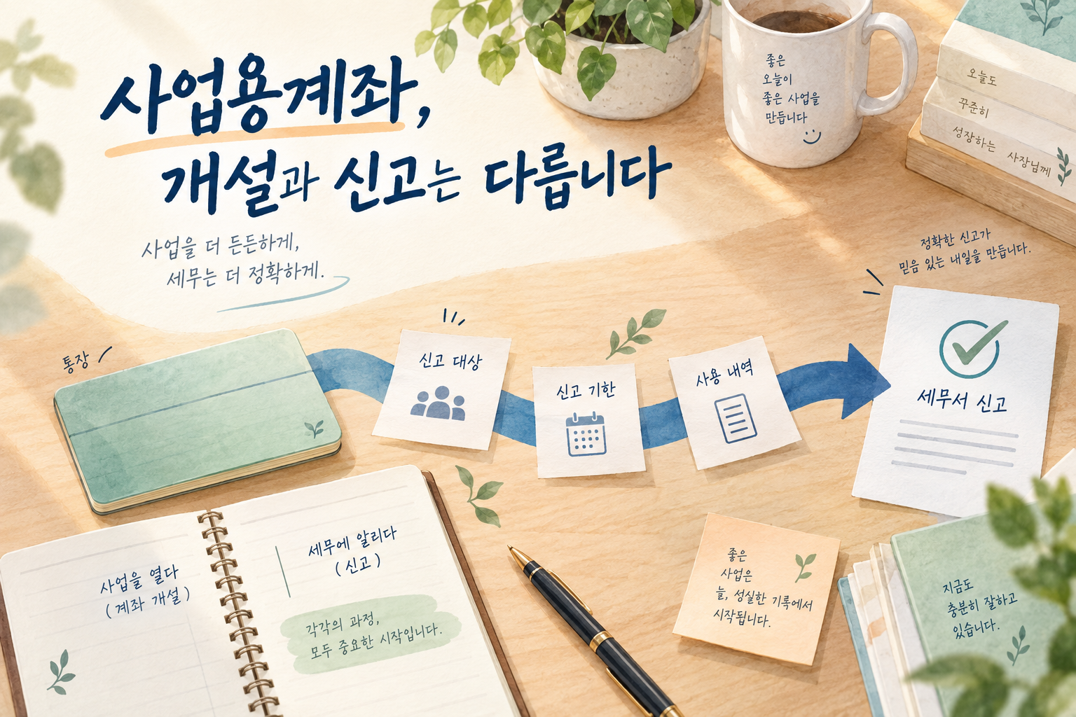 개인 생활비 계좌와 사업 계좌를 나누고 신고 접수 내역을 확인하는 차분한 안내 그림