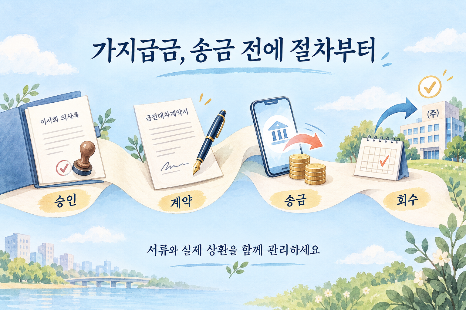 회사 자금 대여의 승인, 계약, 송금, 회수 절차를 종이 길 위에 표현한 그림