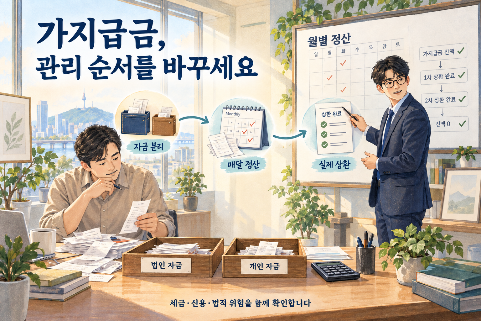 회사 자금과 개인 자금을 나누고 월별 정산과 실제 상환 계획을 확인하는 젊은 세무사와 사업자의 사무실 작업 장면