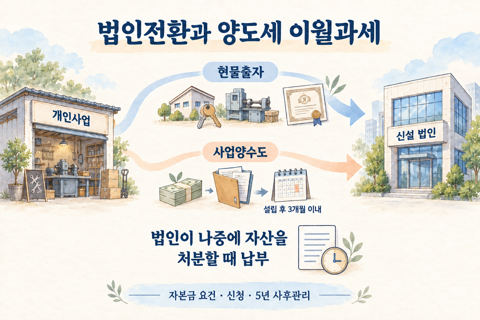 현물출자와 사업양수도에 따른 법인전환의 자본금·신청·사후관리 비교 그림