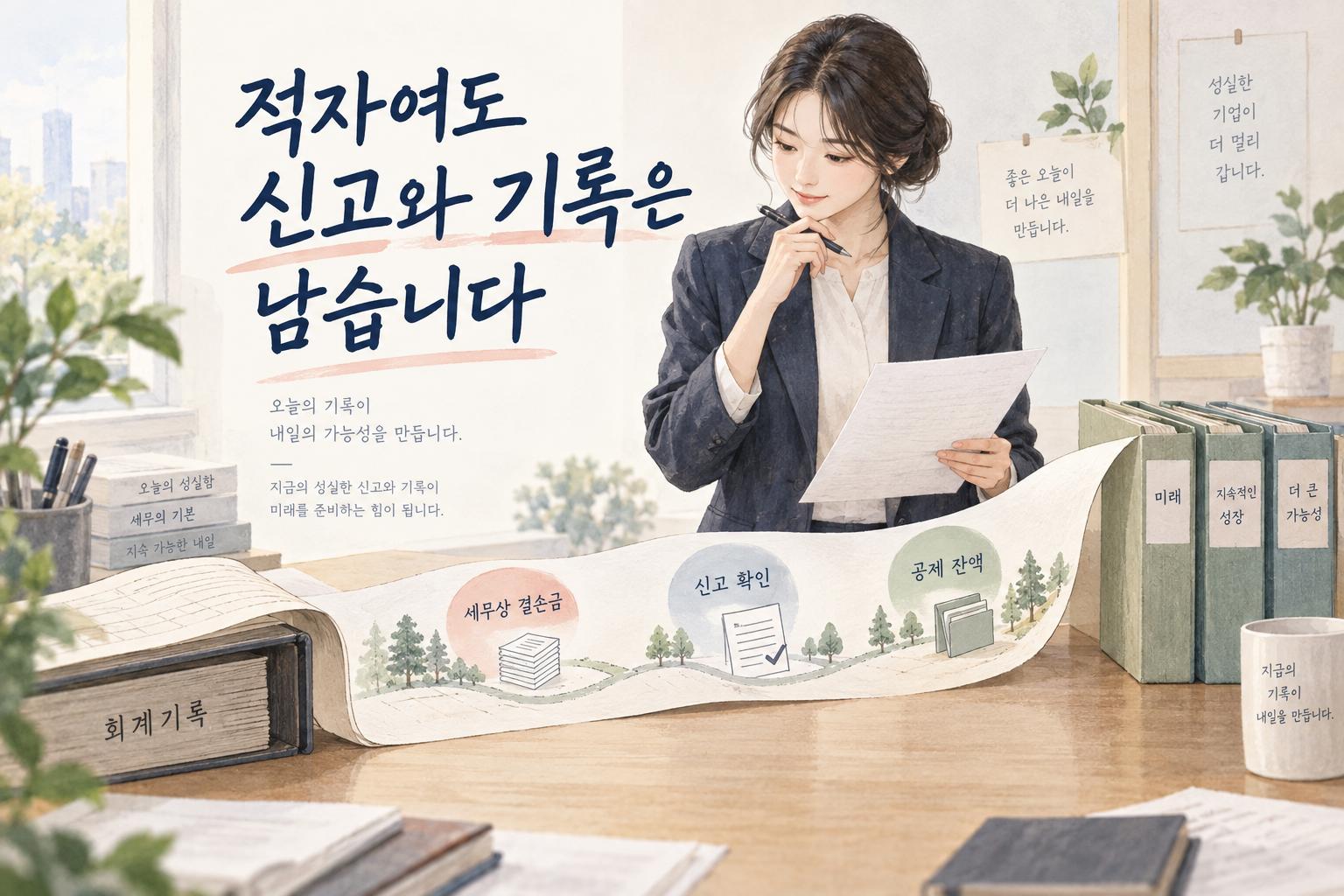 적자 결산 자료에서 결손금을 확인하고 다음 사업연도로 이어 가는 부드러운 안내 그림
