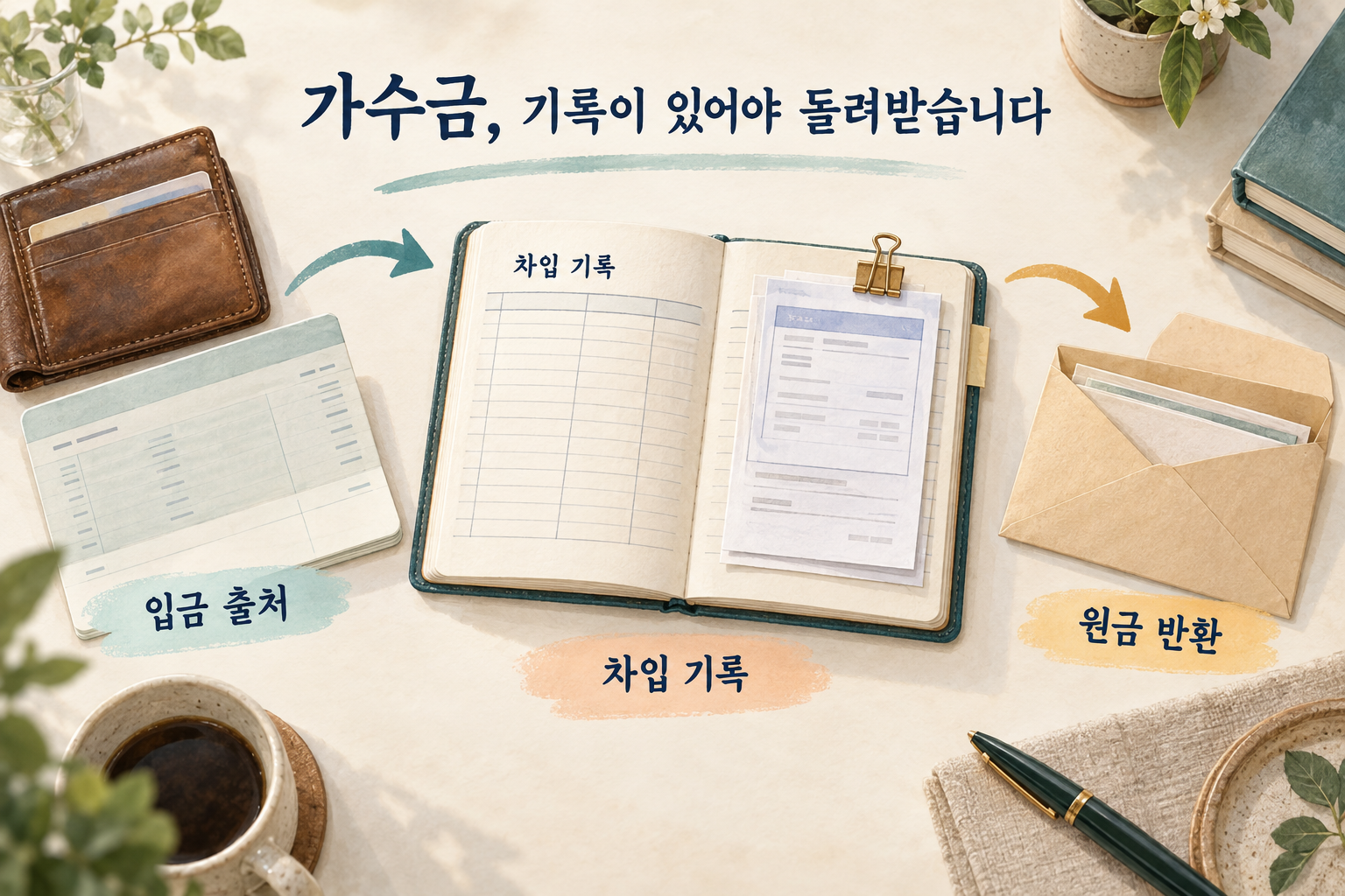 입금 출처, 차입 기록, 원금 반환을 순서대로 보여주는 책상 위 가수금 관리 그림