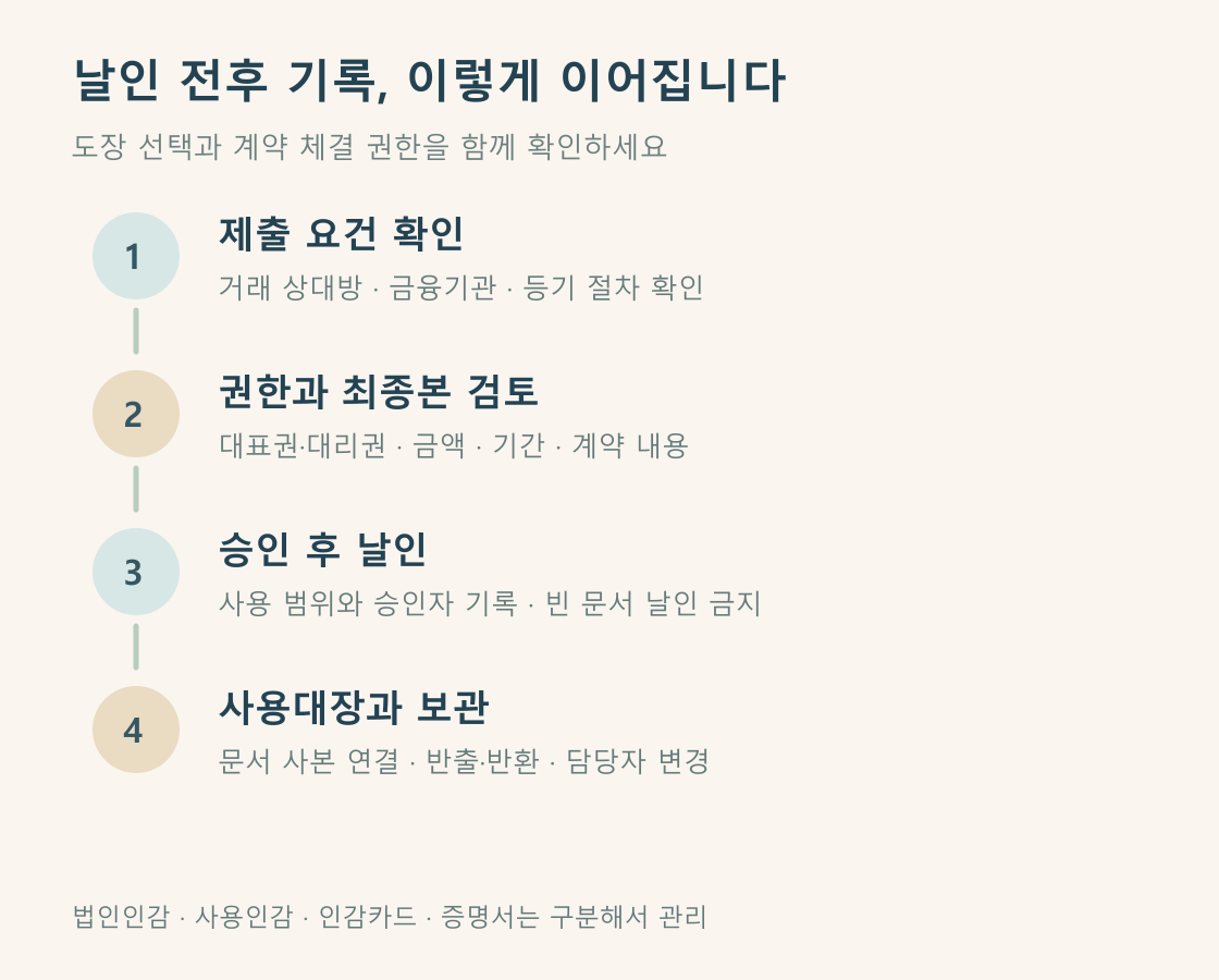 제출 요건 확인부터 승인·날인·사용대장까지 기록을 연결하세요.