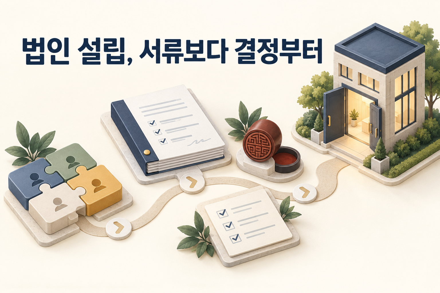 열린 사무실 문으로 이어지는 정관 서류·주주 구성·도장·준비 체크리스트를 표현한 법인 설립 그림