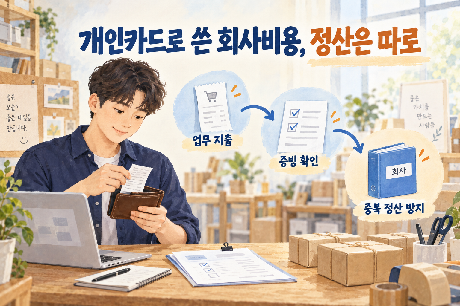 개인카드 결제 전표에서 회사 업무지출을 골라 정산표와 회사 이체내역으로 연결하는 부드러운 그림