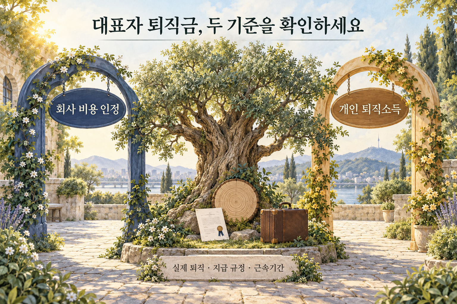 근속기간을 상징하는 나무와 회사 비용 인정·개인 퇴직소득이라는 두 정원 아치로 퇴직금의 두 기준을 설명하는 그림