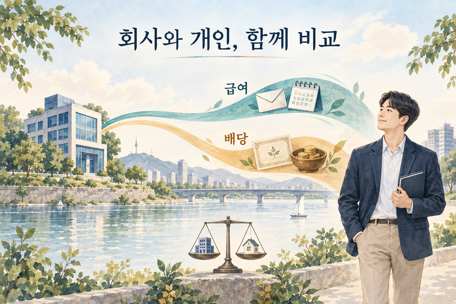 급여와 배당의 두 길이 회사와 대표자의 부담 비교로 이어지는 부드러운 수채화 그림