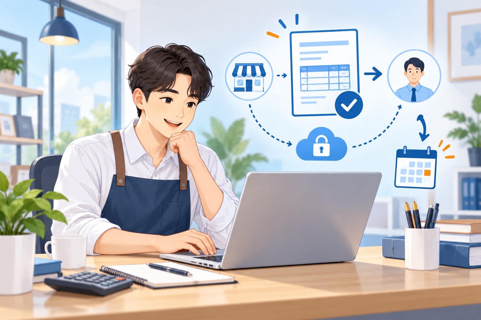 사업자가 전자세금계산서를 확인하고 거래처에 안전하게 전송하는 과정을 표현한 일러스트