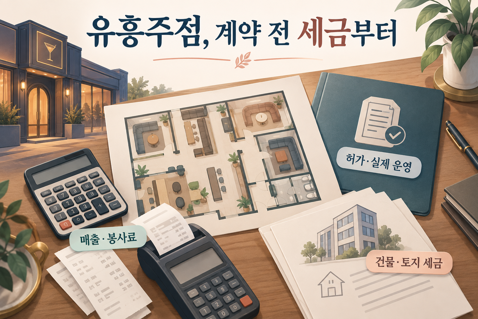 유흥주점 운영 전 평면도와 영업허가, 매출·봉사료 및 건물·토지 세금을 살펴보는 안내 그림