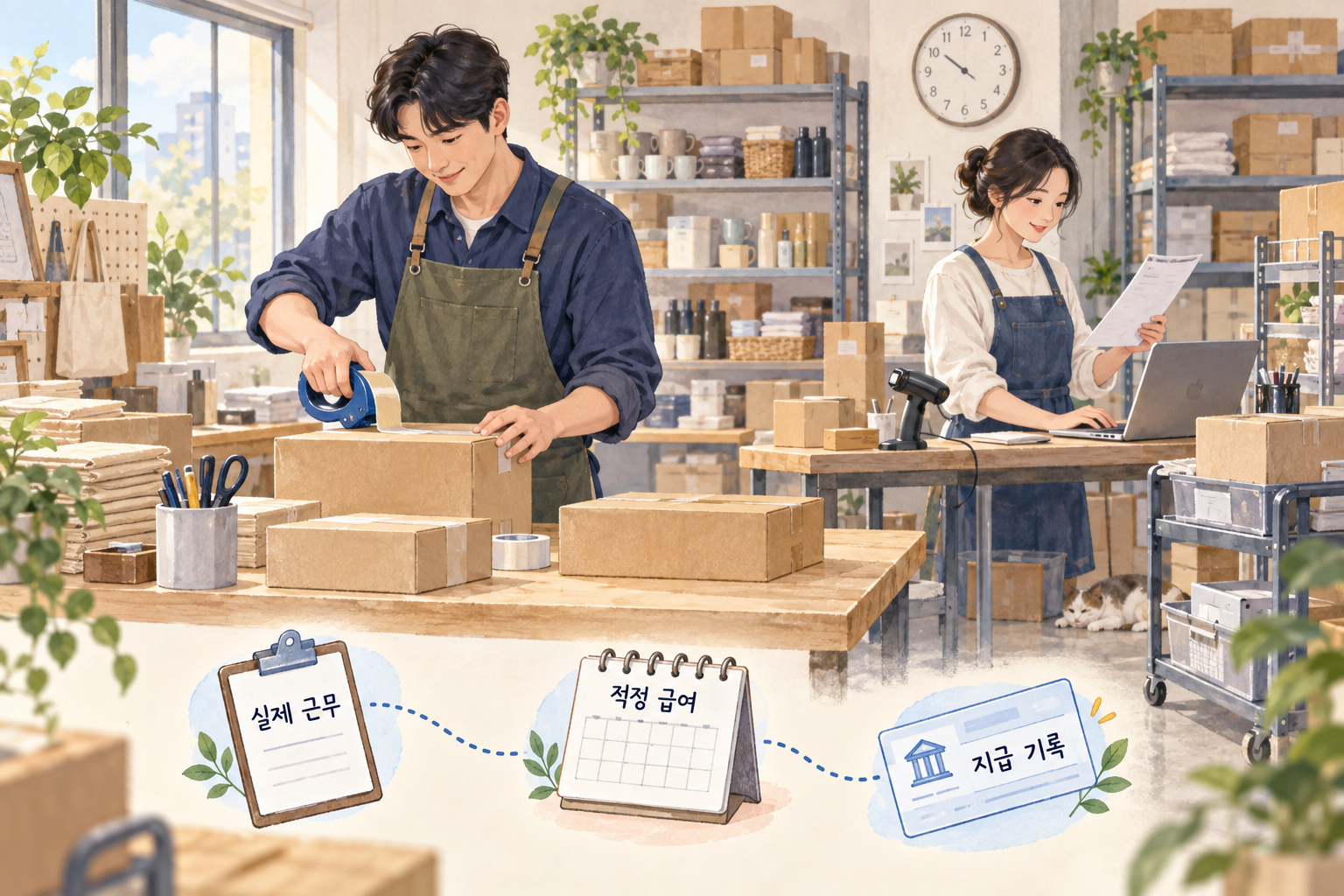 온라인 판매 사업장에서 주문 확인과 상품 포장을 하는 직원들, 실제 근무·적정 급여·지급 기록을 보여주는 그림