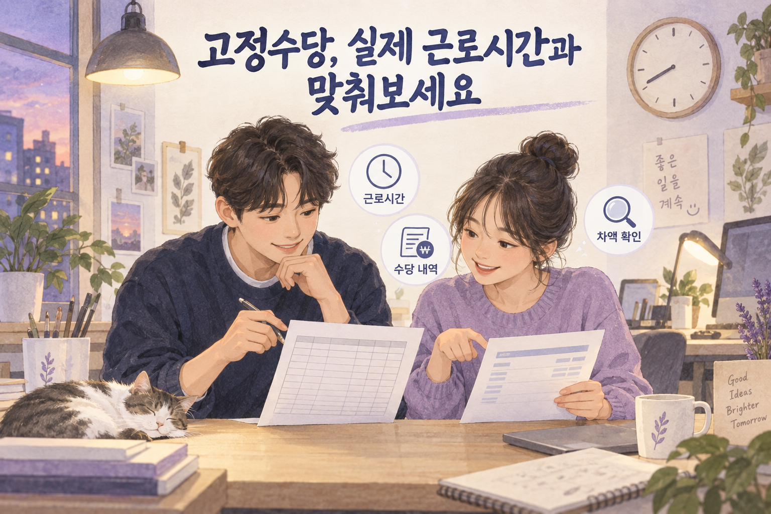 젊은 동료들이 근로시간 기록과 수당 내역을 대조하는 부드러운 안내 그림