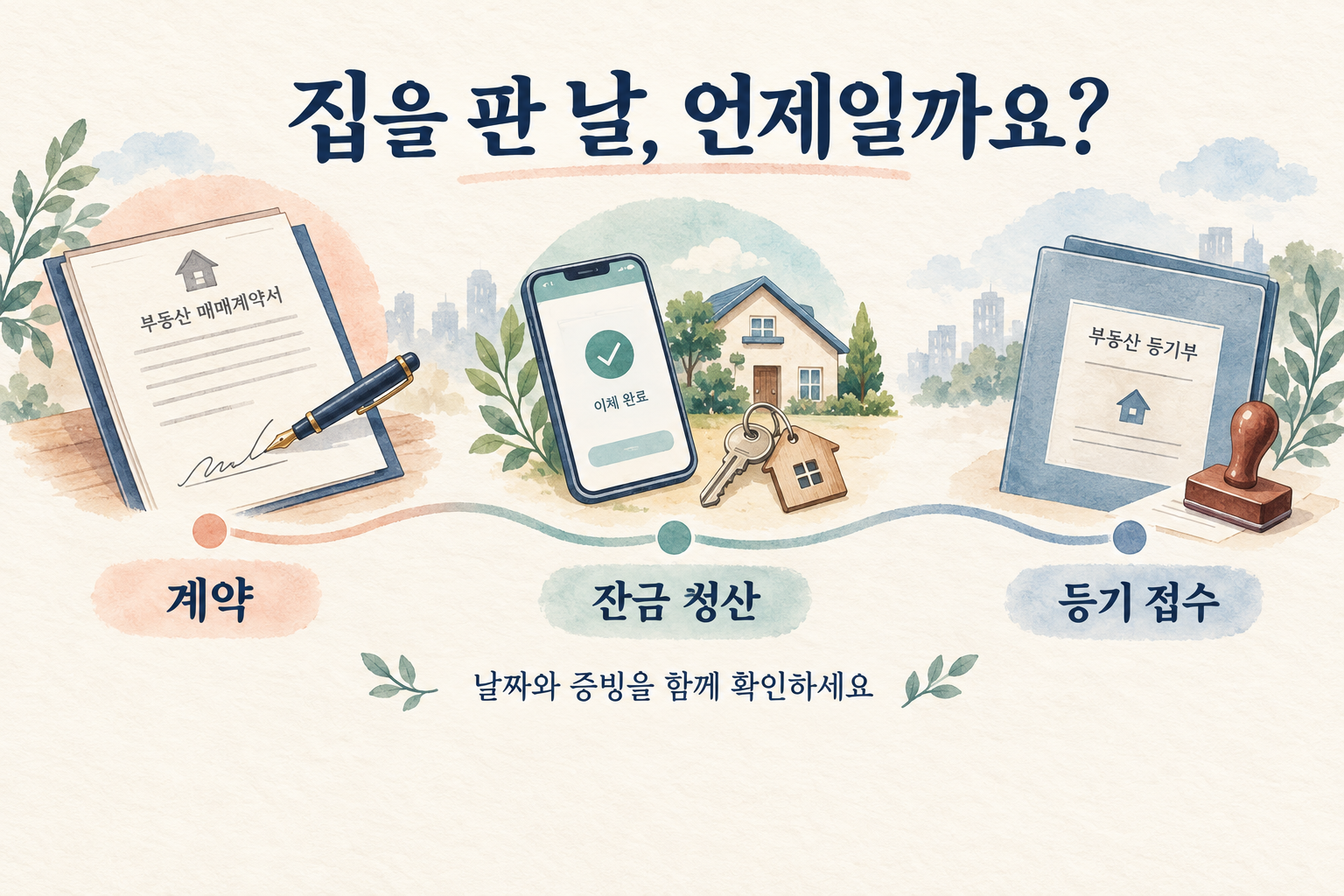 주택 매매 계약, 잔금 청산, 등기 접수를 구분하는 그림