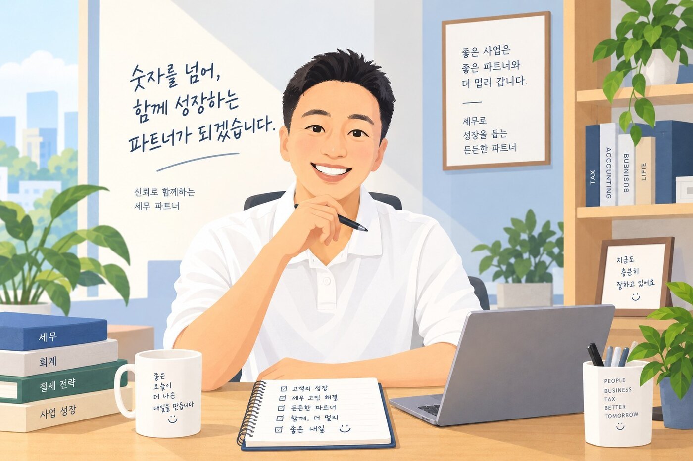 사업자와 함께 세무 문제를 점검하는 호원 세무회계사무소 일러스트