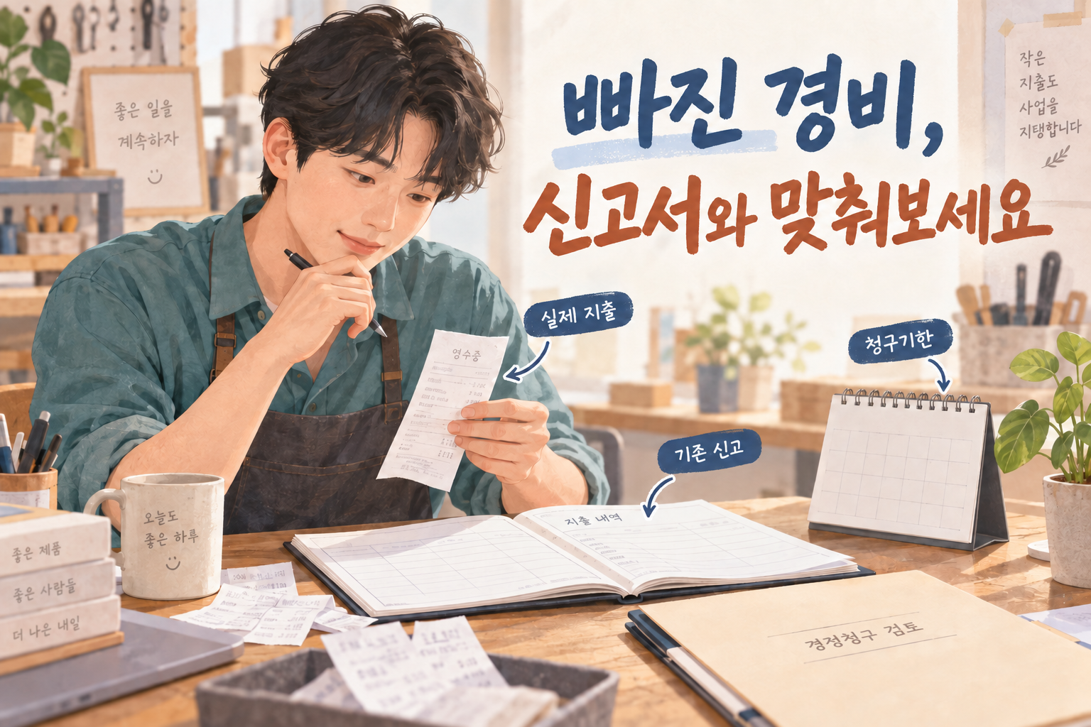 누락한 사업경비 영수증을 기존 신고서와 비교하고 청구기한을 확인하는 그림