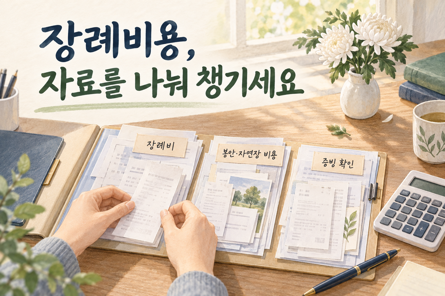 장례비용 영수증과 봉안시설 사용료를 두 묶음으로 차분하게 정리하는 안내 그림