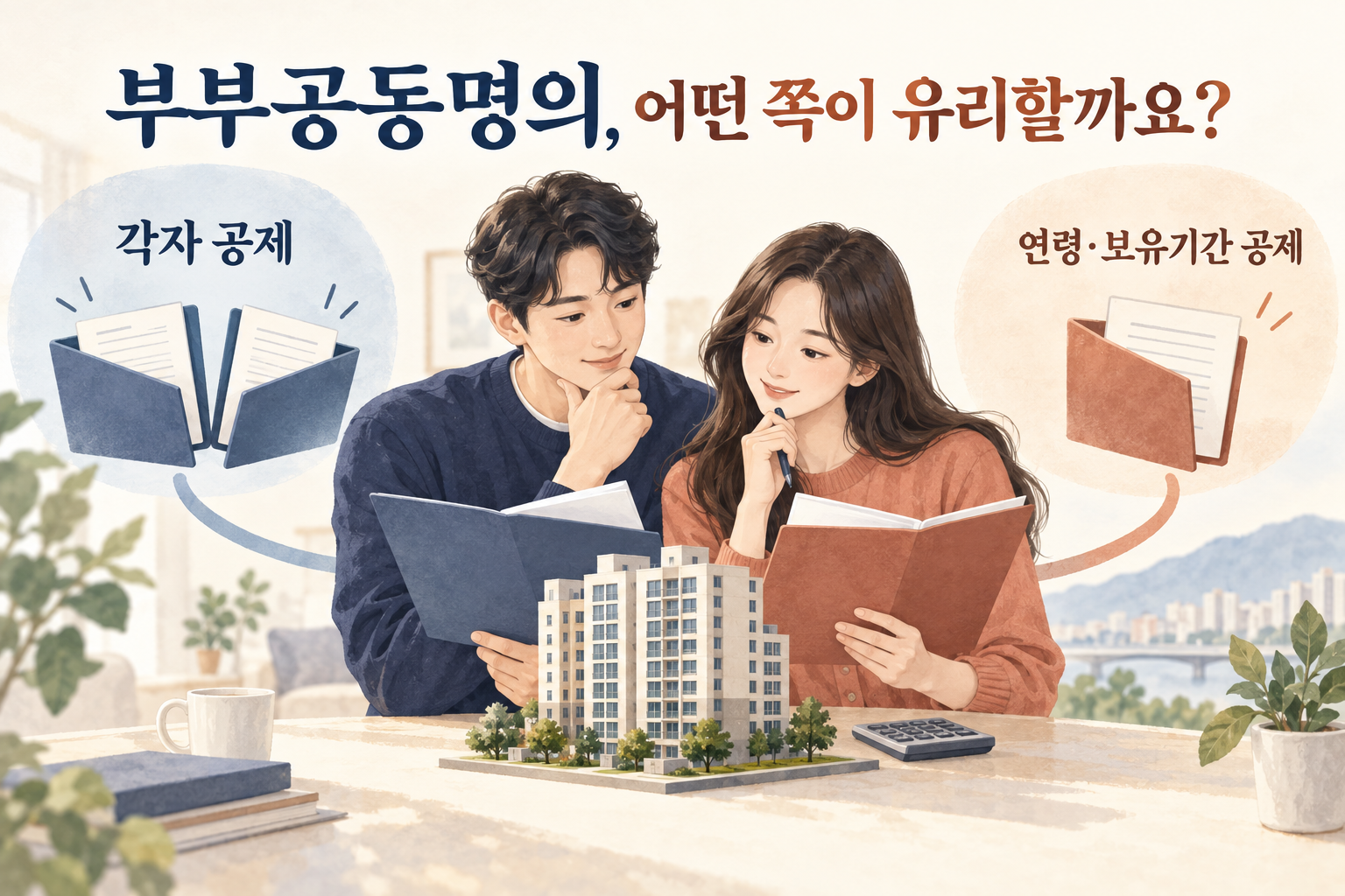 부부 공동명의 주택에서 각자 공제와 1주택 특례를 두 갈래 길로 비교하는 부드러운 주택 그림