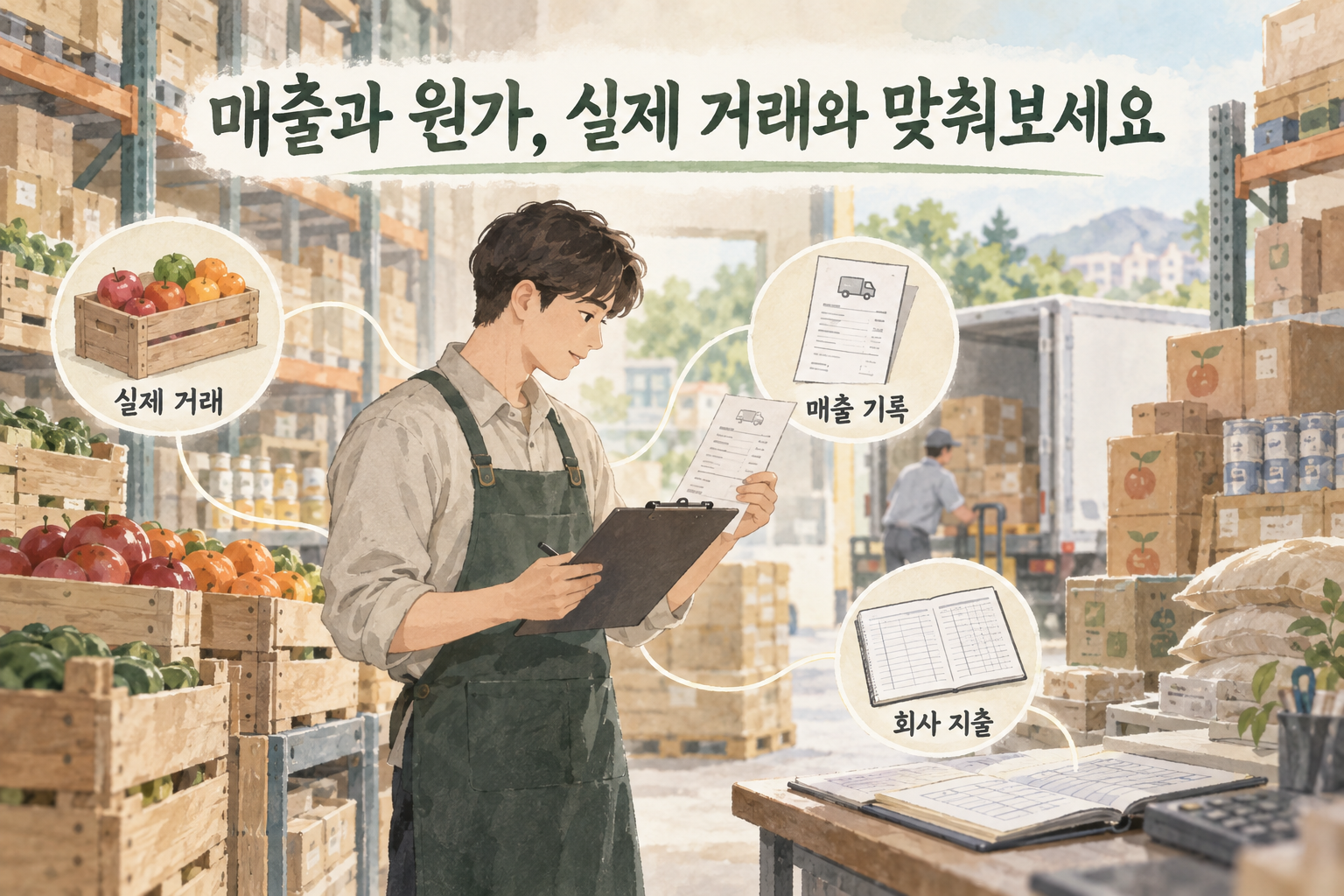 식품 창고에서 납품 기록과 장부를 대조하며 매출·실제 거래·회사 지출을 확인하는 그림