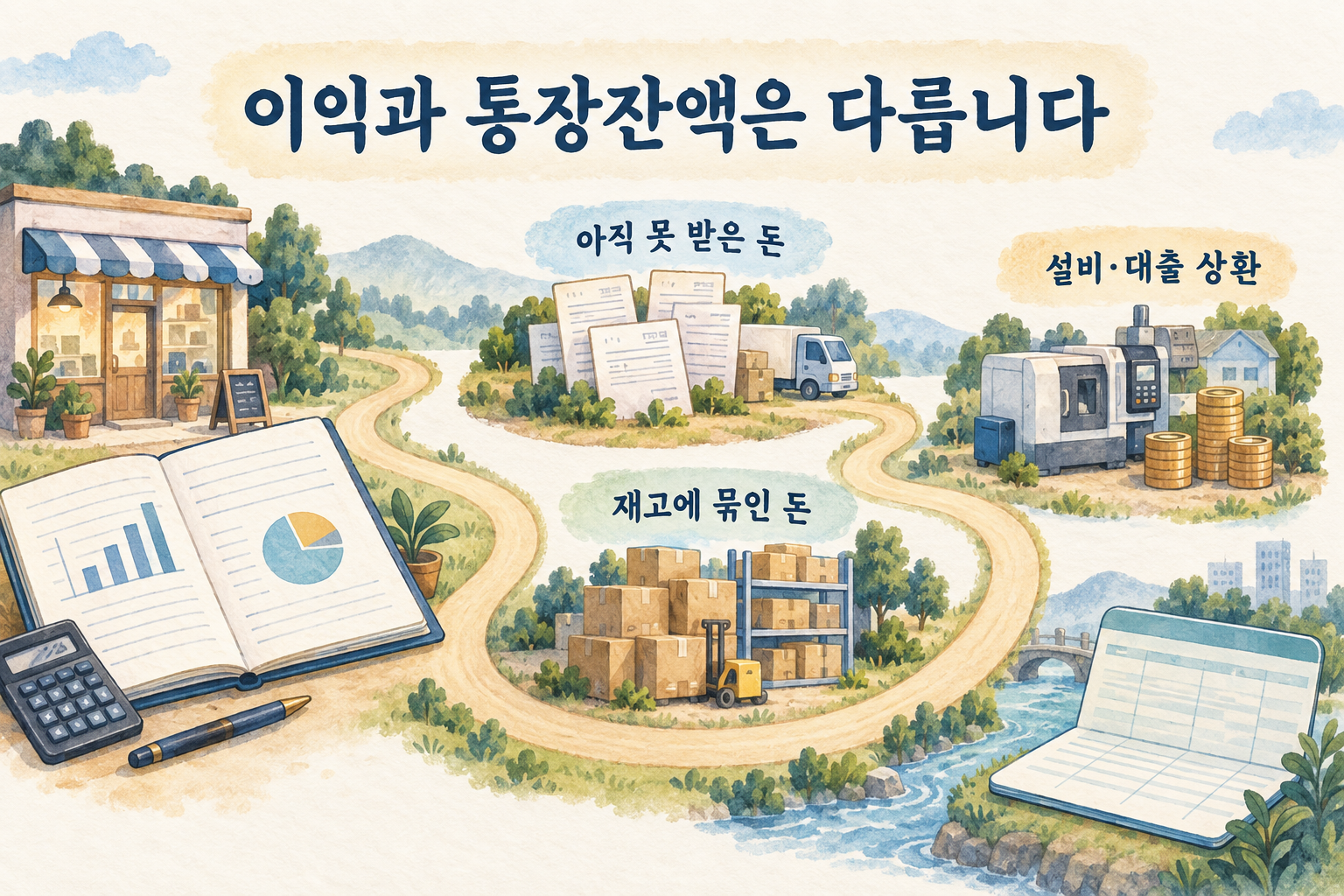 외상매출, 재고·선지급, 설비 구입과 대출 상환으로 현금의 이동을 살펴보는 설명 그림