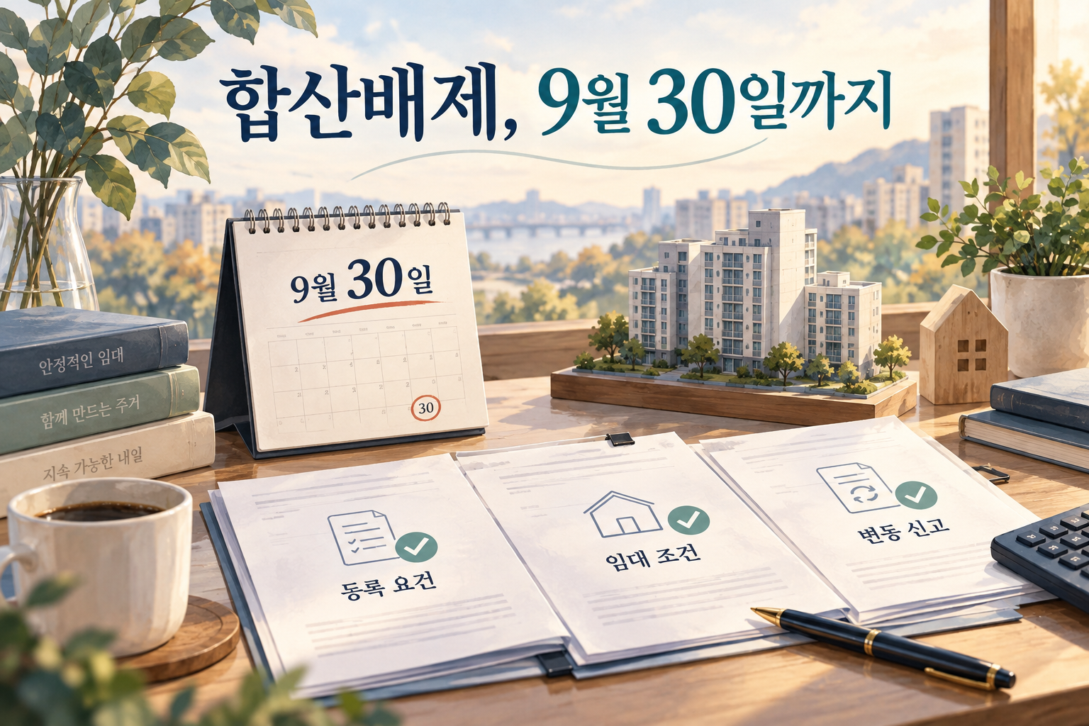 임대주택 등록자료와 임대차계약서를 확인하고 9월 30일 달력에 표시하는 부드러운 안내 그림