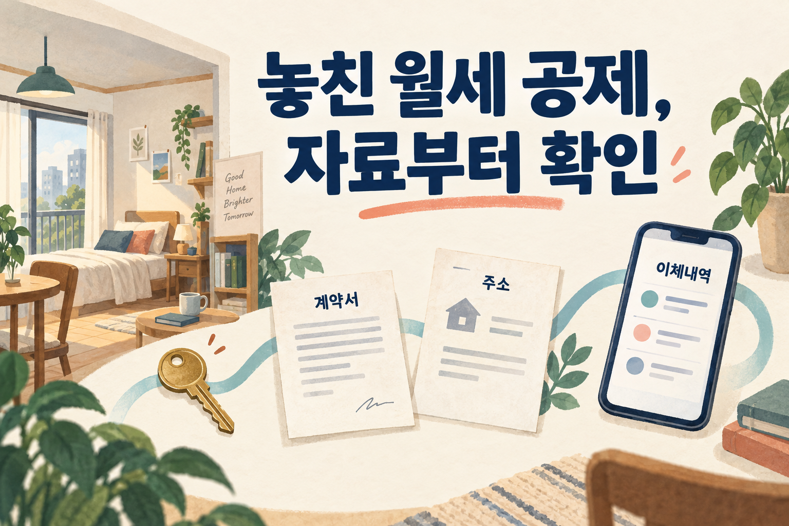 월세 계약서·주소 자료·이체내역을 임대 주거 공간과 함께 표현한 그림