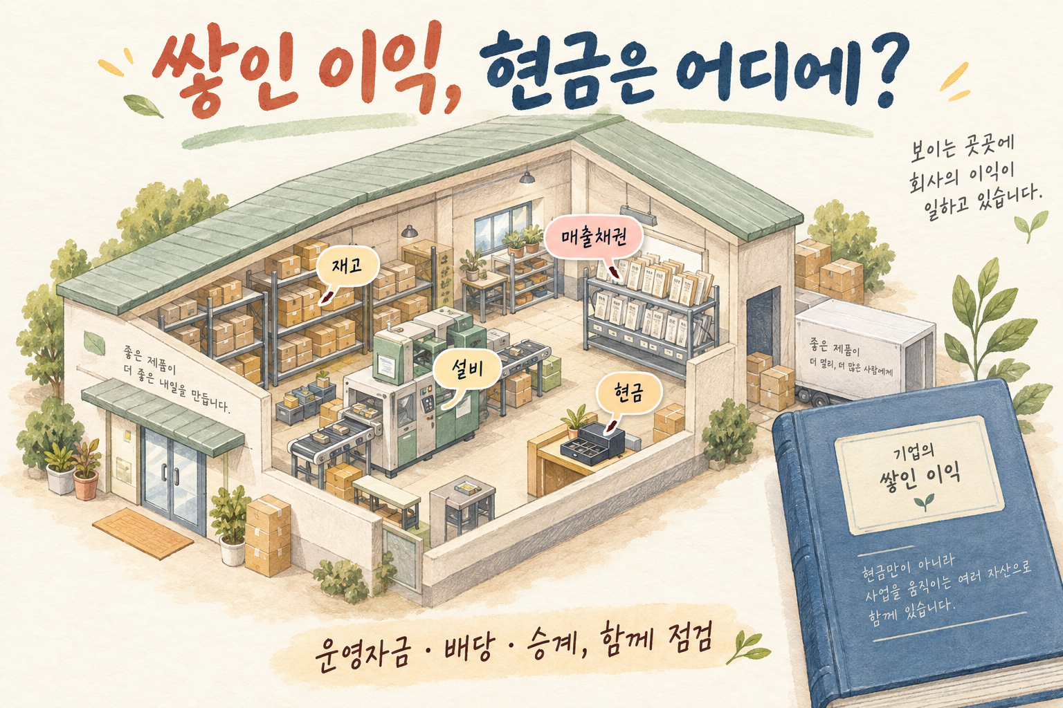 이익잉여금과 실제 현금을 구분하고 운영자금·배당·미래 계획을 설명하는 그림