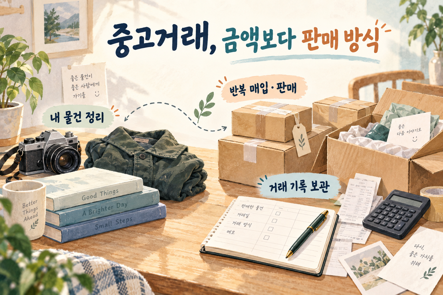 쓰던 생활용품을 정리하는 개인과 판매용 상품을 매입해 반복 판매하는 사업자의 차이를 보여주는 중고거래 안내 그림