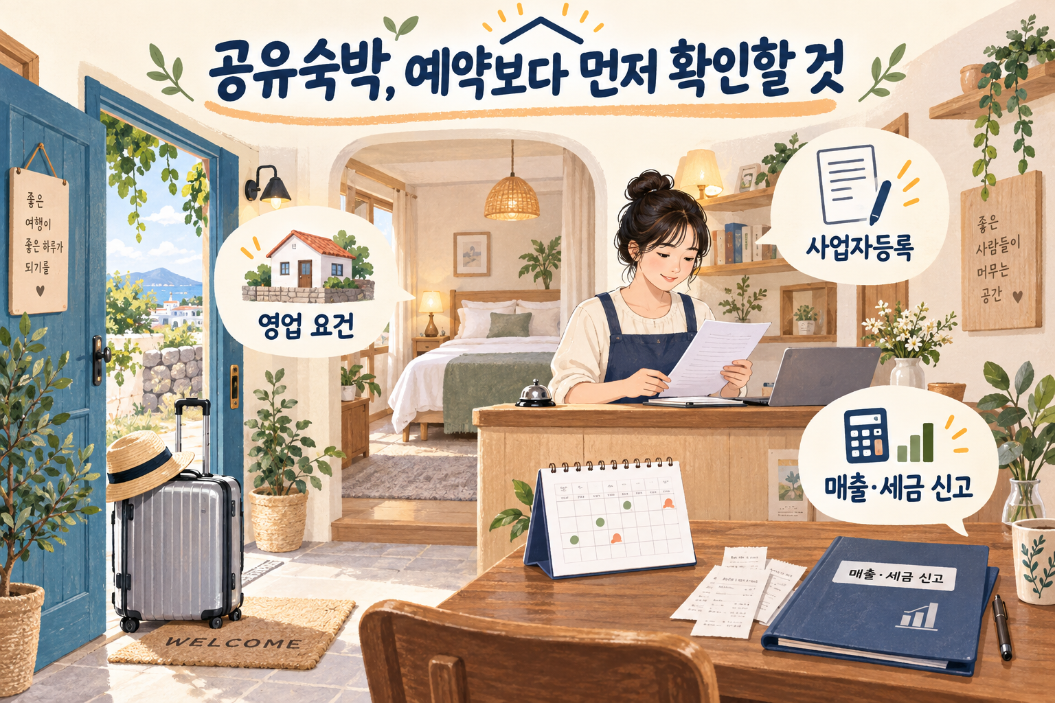 숙소 운영 허용 여부와 사업자등록, 숙박 정산자료와 세금 신고를 순서대로 살펴보는 공유숙박 안내 그림