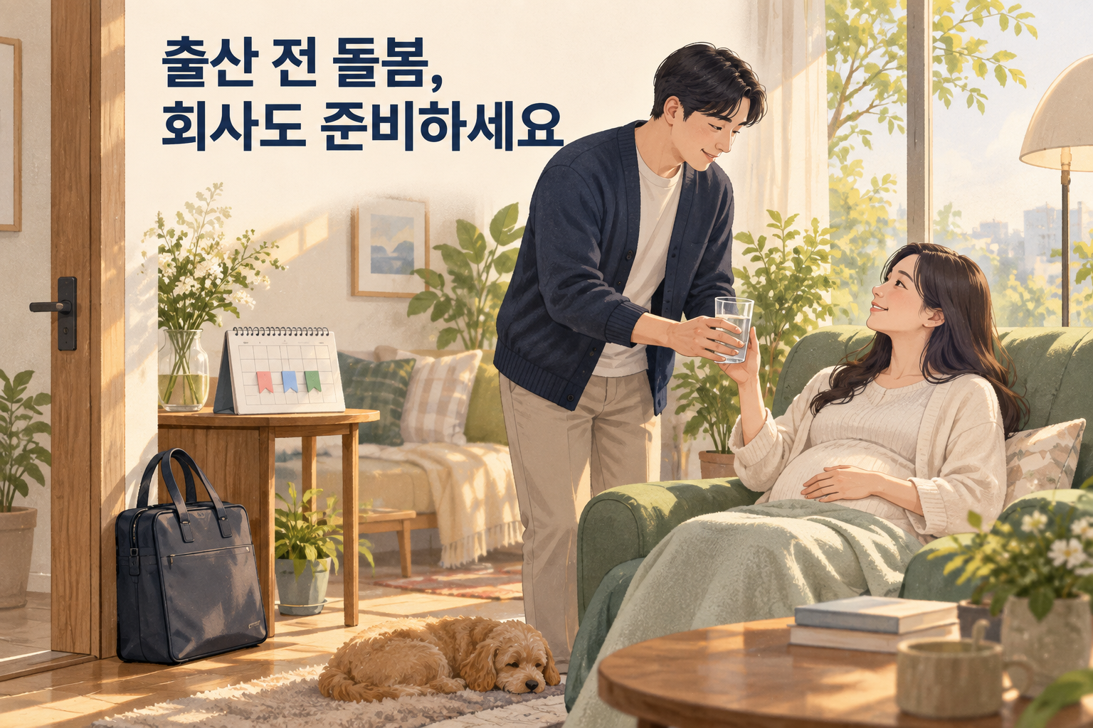 임신 중인 배우자를 돌보는 남편과 휴가 일정을 표시한 달력을 담은 일러스트