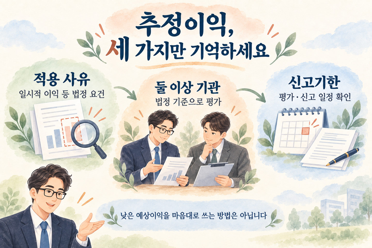 젊은 세무사와 함께 추정이익의 적용 사유, 두 곳 이상 기관 평가, 신고기한을 확인하는 부드러운 안내 그림