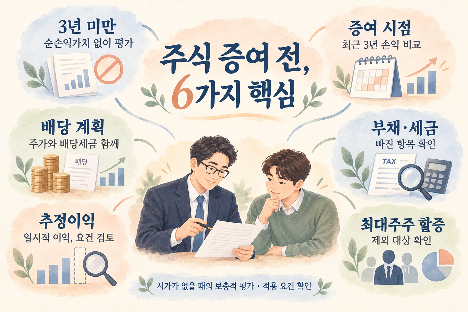 젊은 세무사의 상담 장면과 함께 3년 미만, 증여 시점, 배당, 부채와 세금, 추정이익, 최대주주 할증을 정리한 부드러운 요약 그림