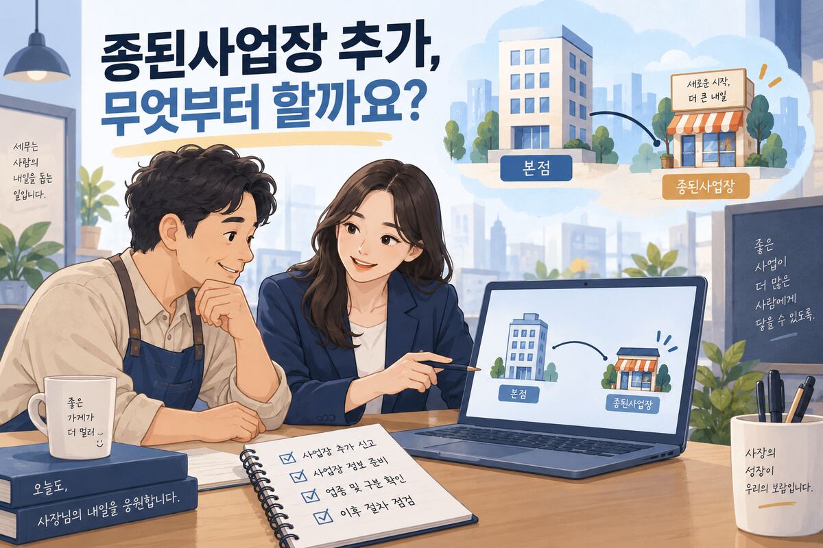 본점과 새 지점을 연결해 종된사업장 추가 절차를 설명하는 일러스트