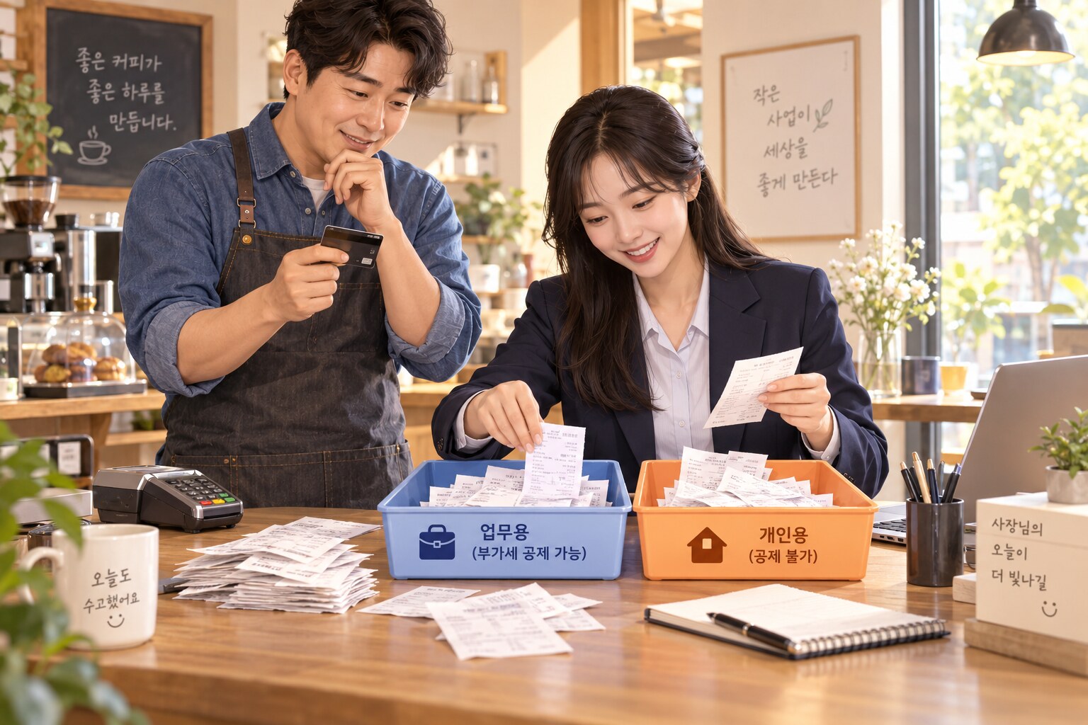카드 영수증을 업무용과 개인용으로 구분하는 사업자와 세무사 일러스트