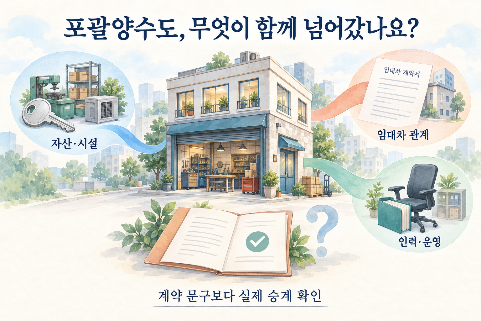 상가 건물과 자산·시설, 임대차 관계, 인력·운영을 연결해 사업의 실제 승계를 점검하는 그림