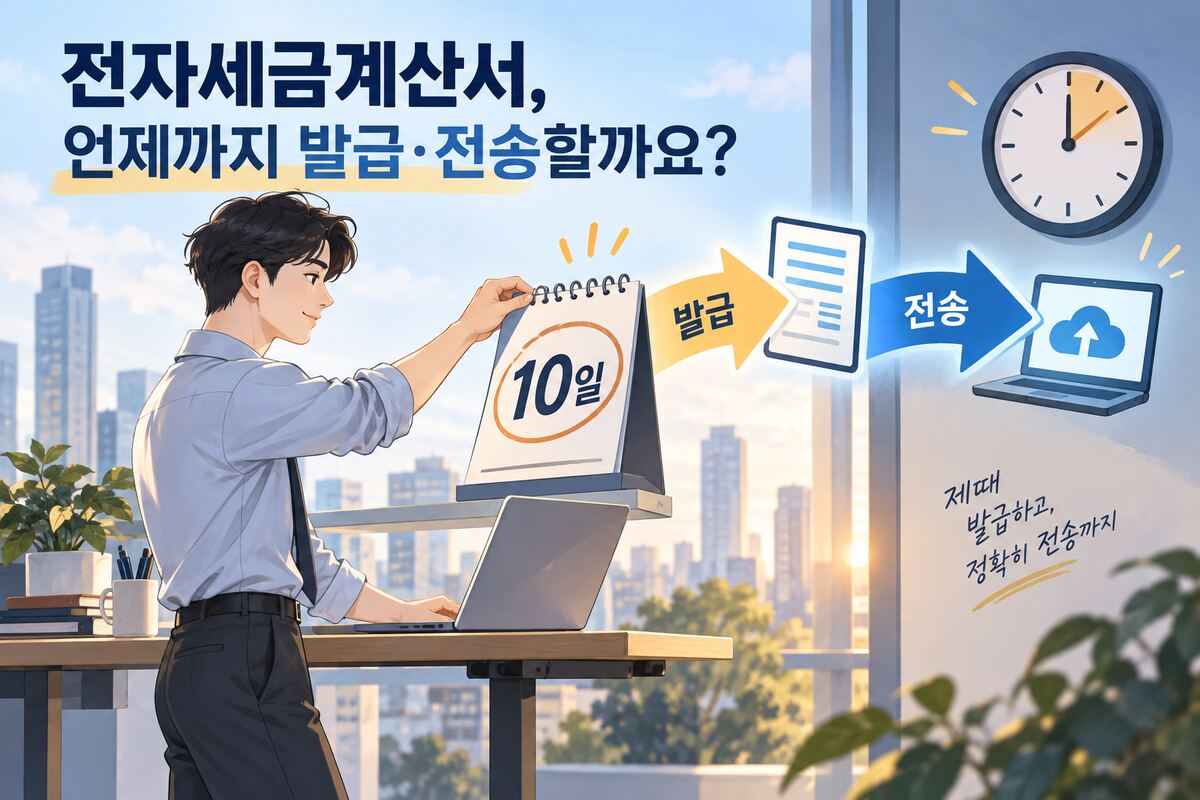 전자세금계산서 다음 달 10일 발급기한과 발급 다음 날 전송기한을 구분한 일러스트