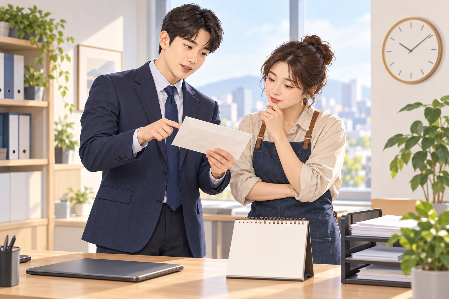 세금계산서 수취 시점과 신고기한을 함께 확인하는 사업자와 세무사 일러스트