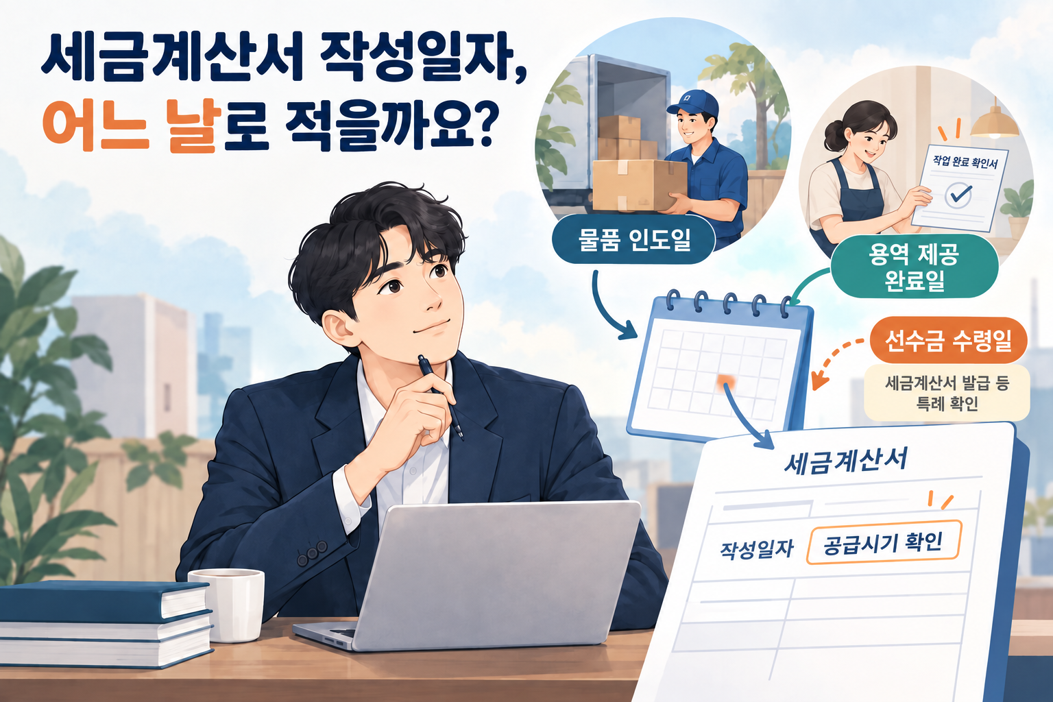 납품일과 용역완료일, 선수금 수령일을 비교해 세금계산서 작성일자를 설명하는 일러스트