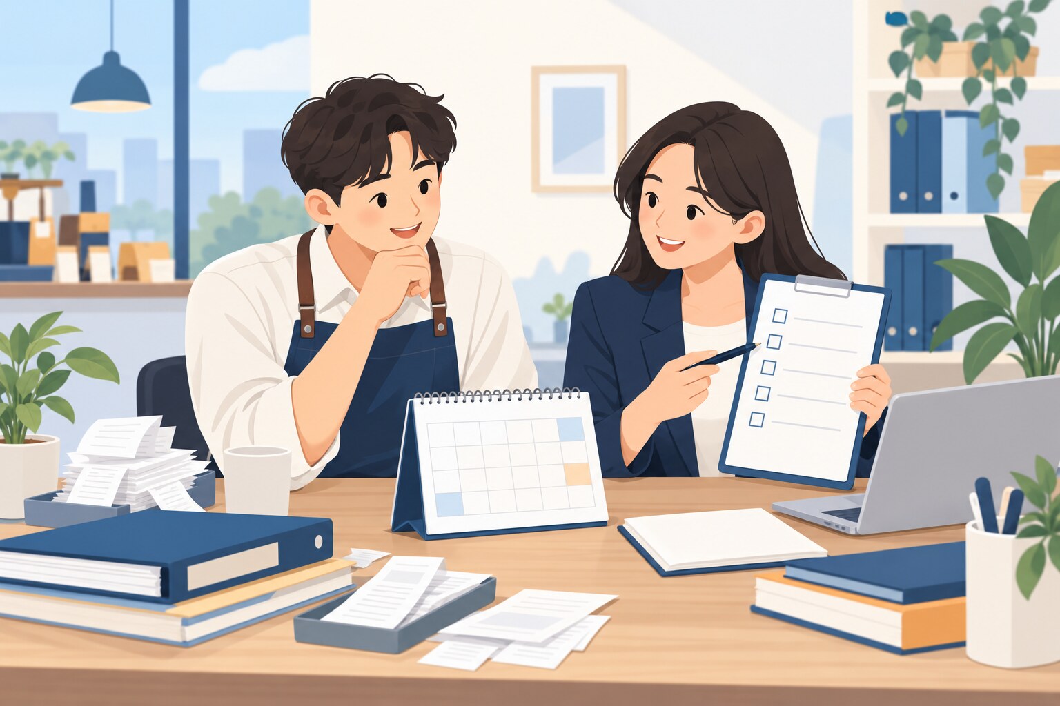 사업자와 세무 담당자가 주간 일정과 증빙 체크리스트를 함께 확인하는 일러스트